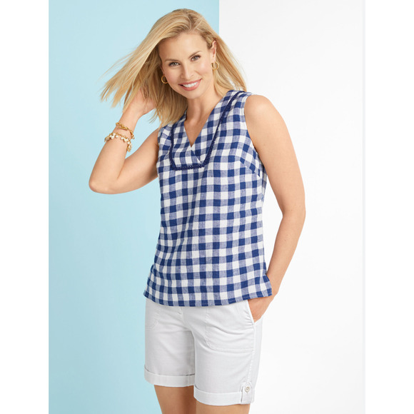 Talbots Tank Top Women's Size 1 Gingham Blue/White 100% Linen Blouse, Scalloped - Picture 6 of 6